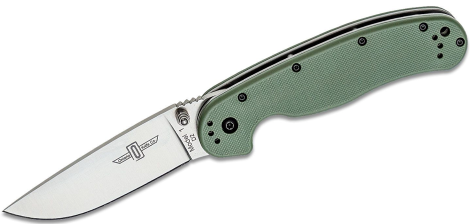 Ontario RAT Model 1 Folding Knife Satin D2 Plain Blade, OD Green Nylon Handles (8867OD)
