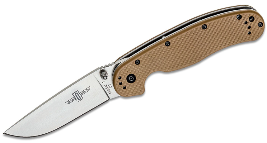 Ontario RAT Model 1 Folding Knife Satin D2 Plain Blade, Coyote Brown Nylon Handles (8867CB)
