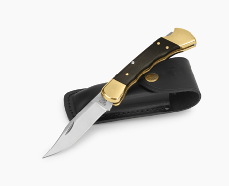 Buck 110 Folding Hunter, Finger Grooved, Ebony Wood Handles, Leather Sheath (110BRSFG)